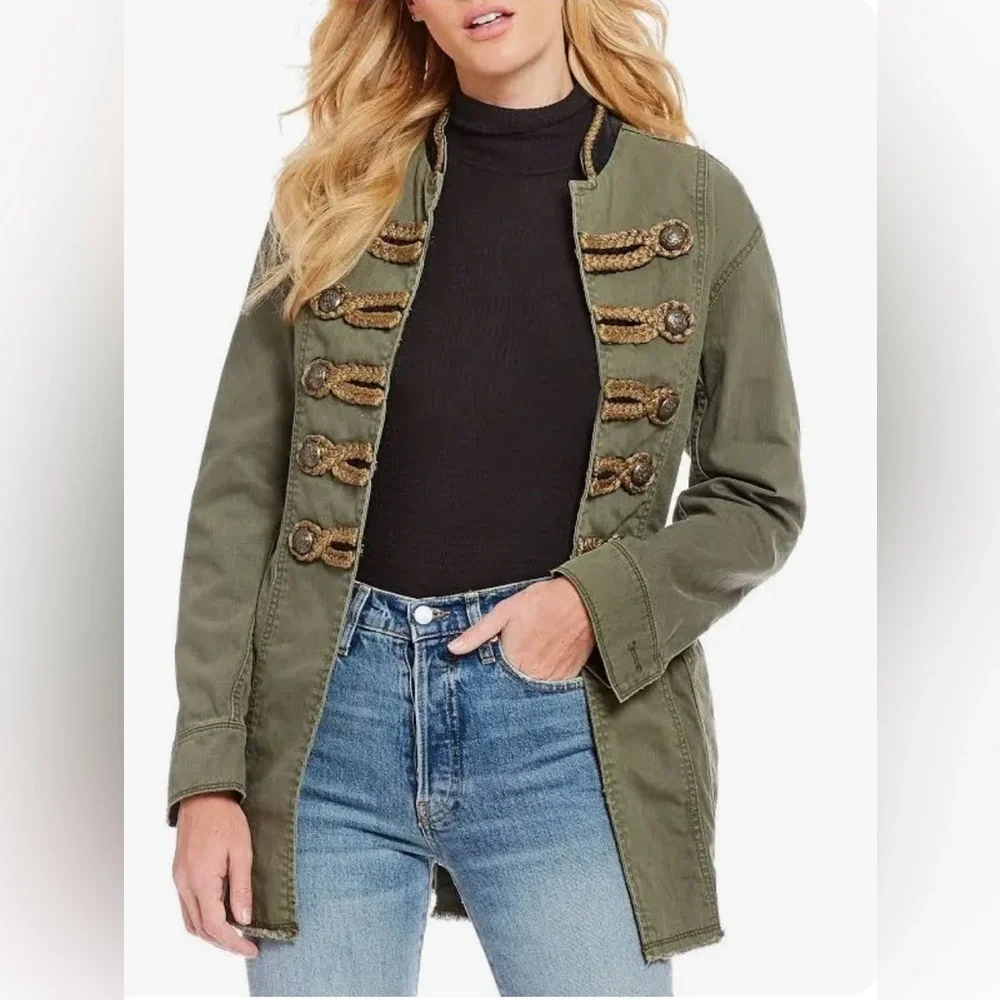 Free People Passenger Military Style Cotton Twill Jacket Blazer In Moss Size L